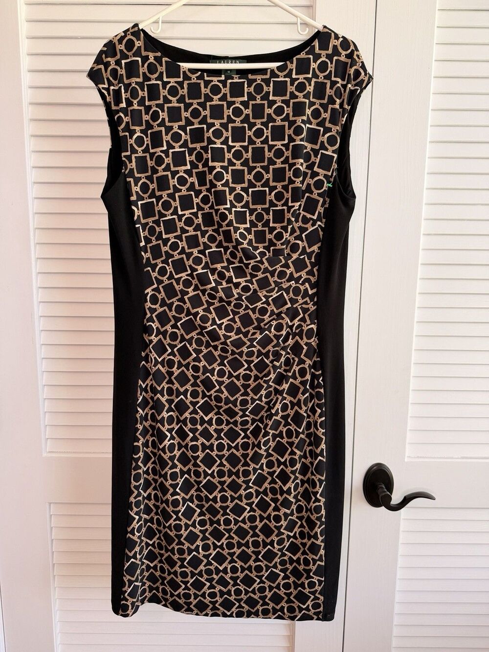 Lauren Ralph Lauren Black Tan Geometric Sheath Dress Cap Sleeve Size 16 Office
